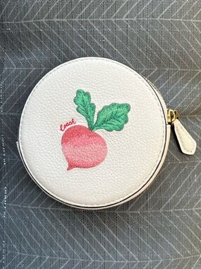 Like New Coach White Round Zip Coin Wallet with Pink Radish Embroidery